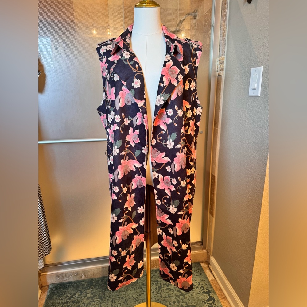 KATE & MALLORY Faux Suede Sleeveless Floral Midi Wrap Dress Pink Dark Navy Blue - Picture 7 of 16